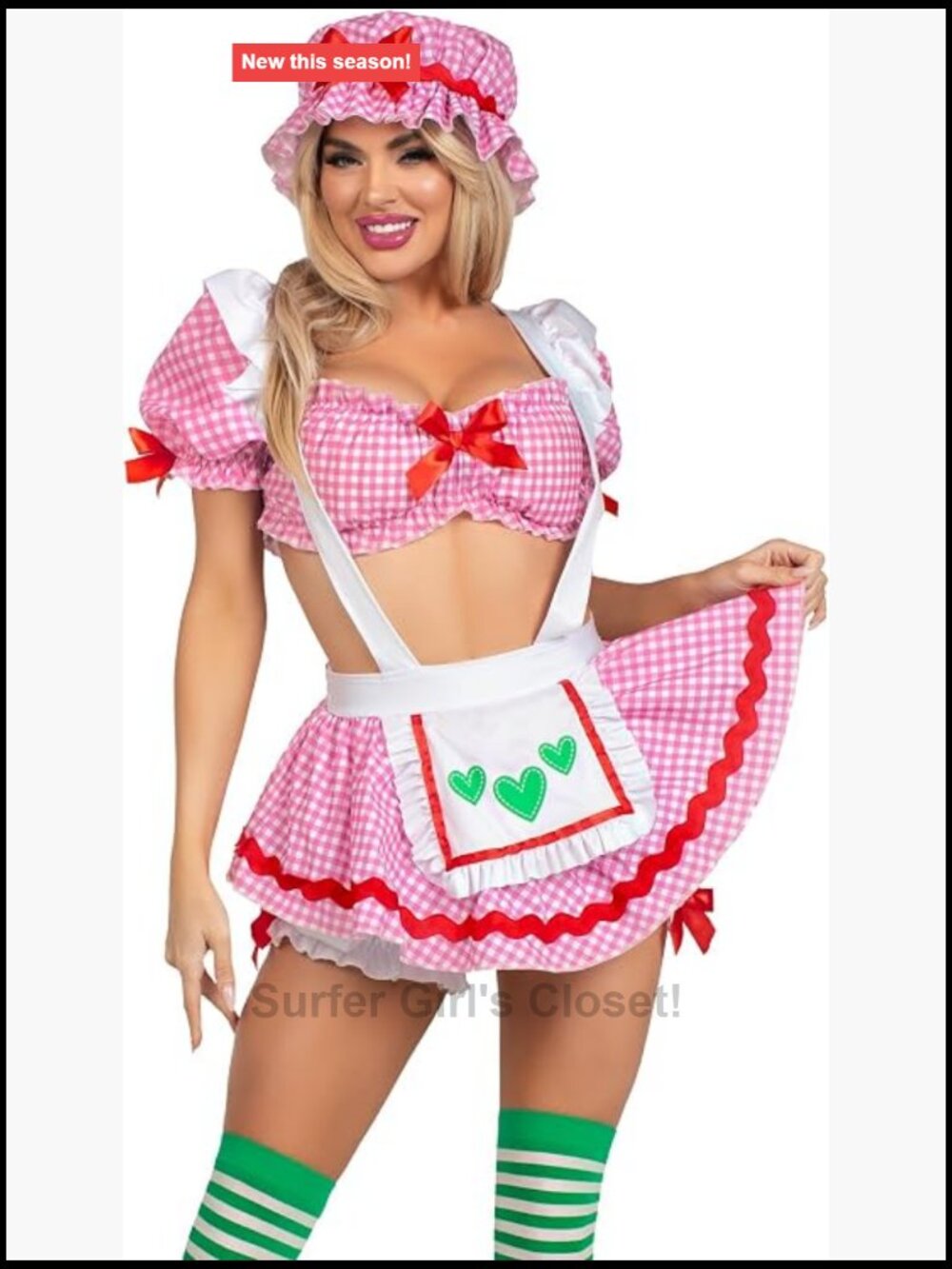 3 Piece Halloween Costume Gingham Crop Top with Skirt and Bonnet Adult